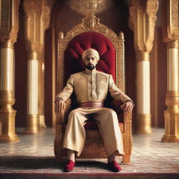 A majestic and kingly portrait of a character named Amir, donned in regal attire, sitting on a royal throne in a luxurious palace