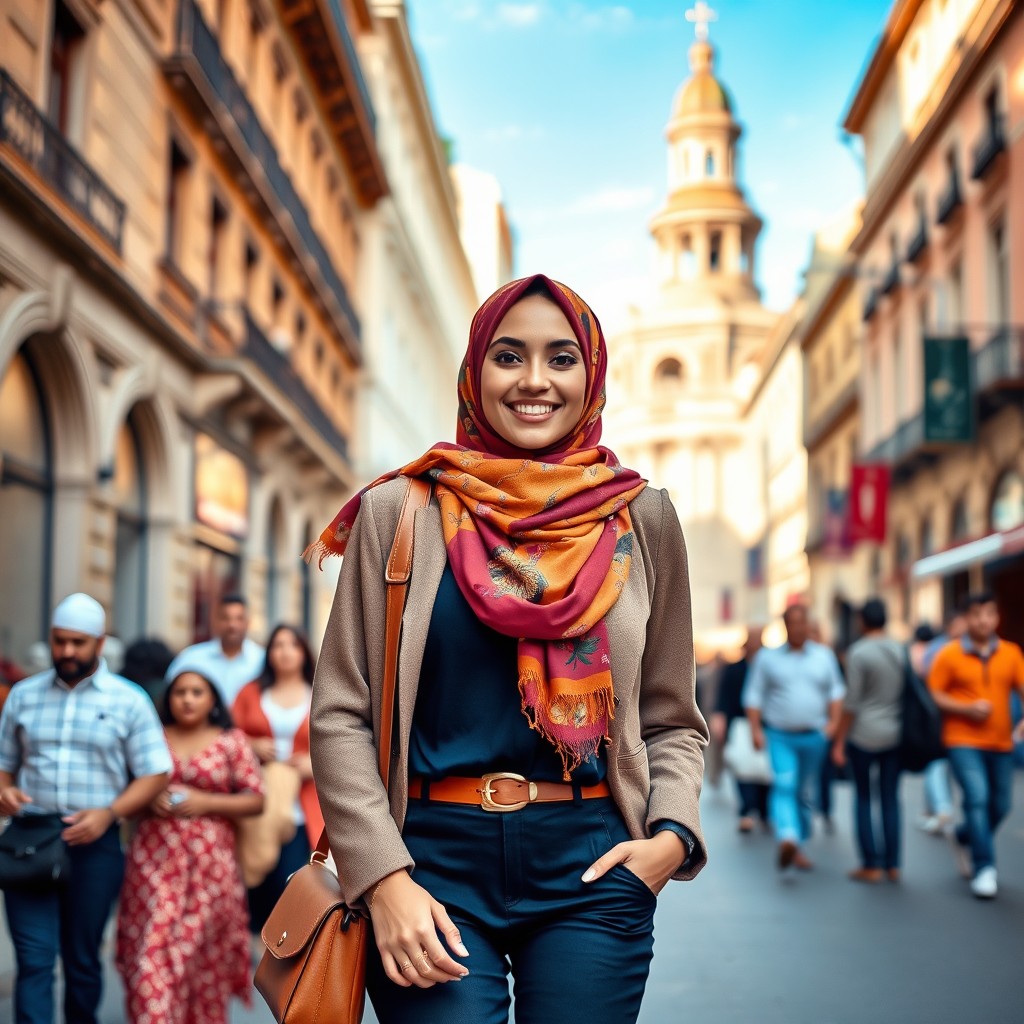 A fashionable hijabi woman confidently walking through a vibrant city street, dressed in modern, stylish clothing with a colorful hijab that complements her outfit
