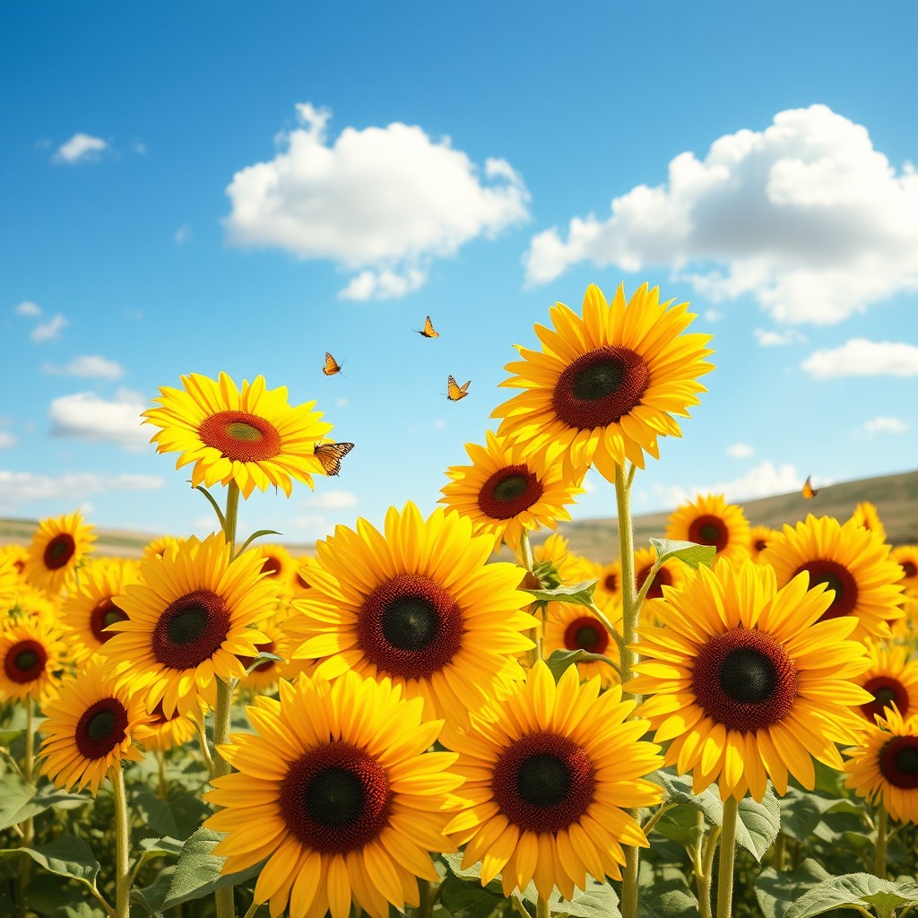 A vibrant and cheerful field of sunflowers under a clear blue sky