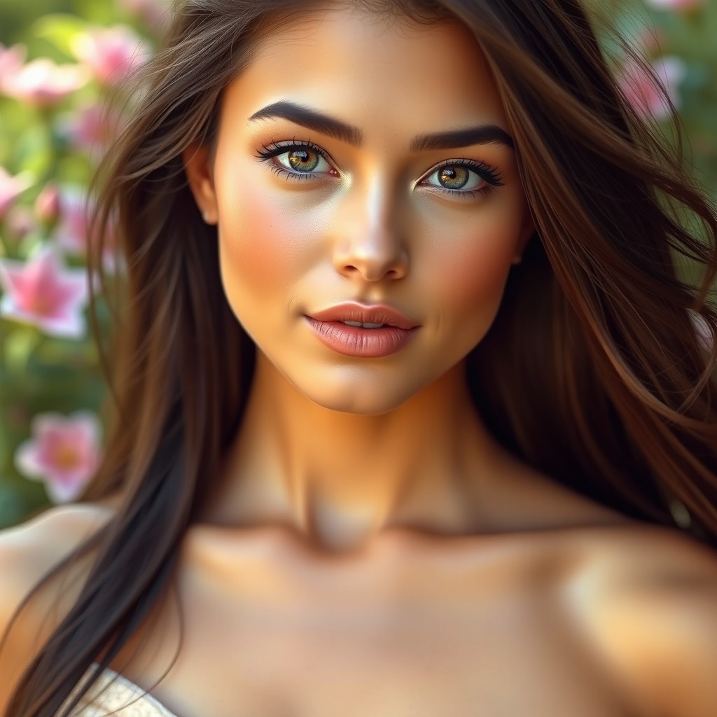 A stunning young woman with an exquisite face, featuring soft, natural makeup and long flowing hair