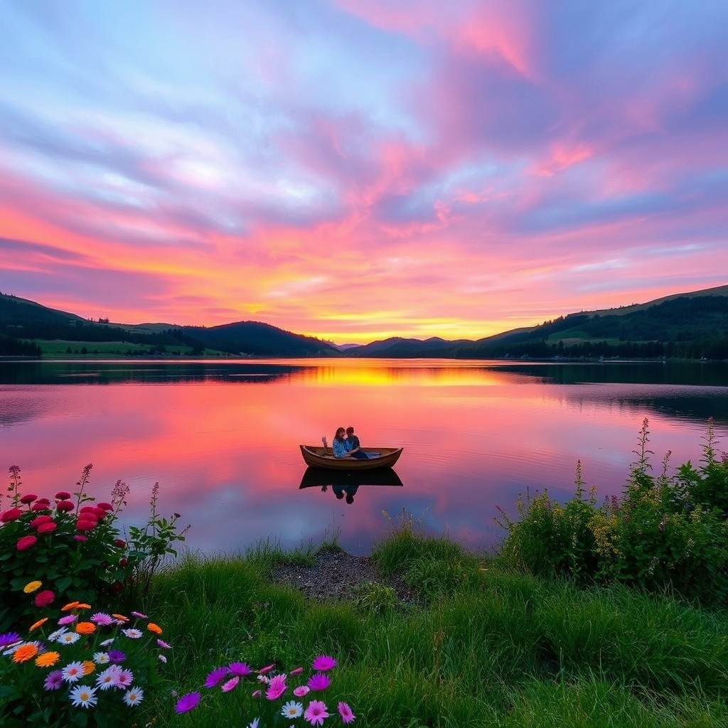 A serene landscape during sunset, featuring a calm lake reflecting the vibrant colors of the sky, lush greenery surrounding the water, and gentle hills in the background