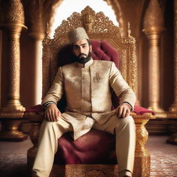 A majestic and kingly portrait of a character named Amir, donned in regal attire, sitting on a royal throne in a luxurious palace