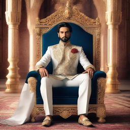 A majestic and kingly portrait of a character named Amir, donned in regal attire, sitting on a royal throne in a luxurious palace