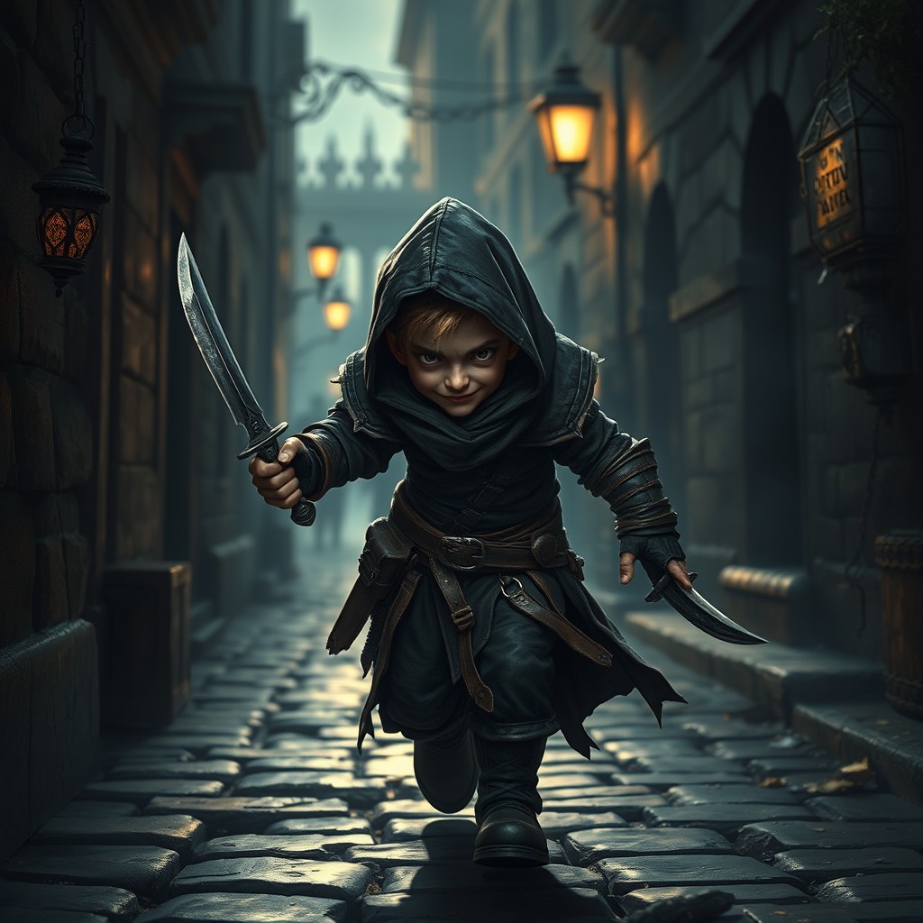 A grimdark halfling thief, wearing tattered dark leather armor, sneaking through a shadowy urban alley