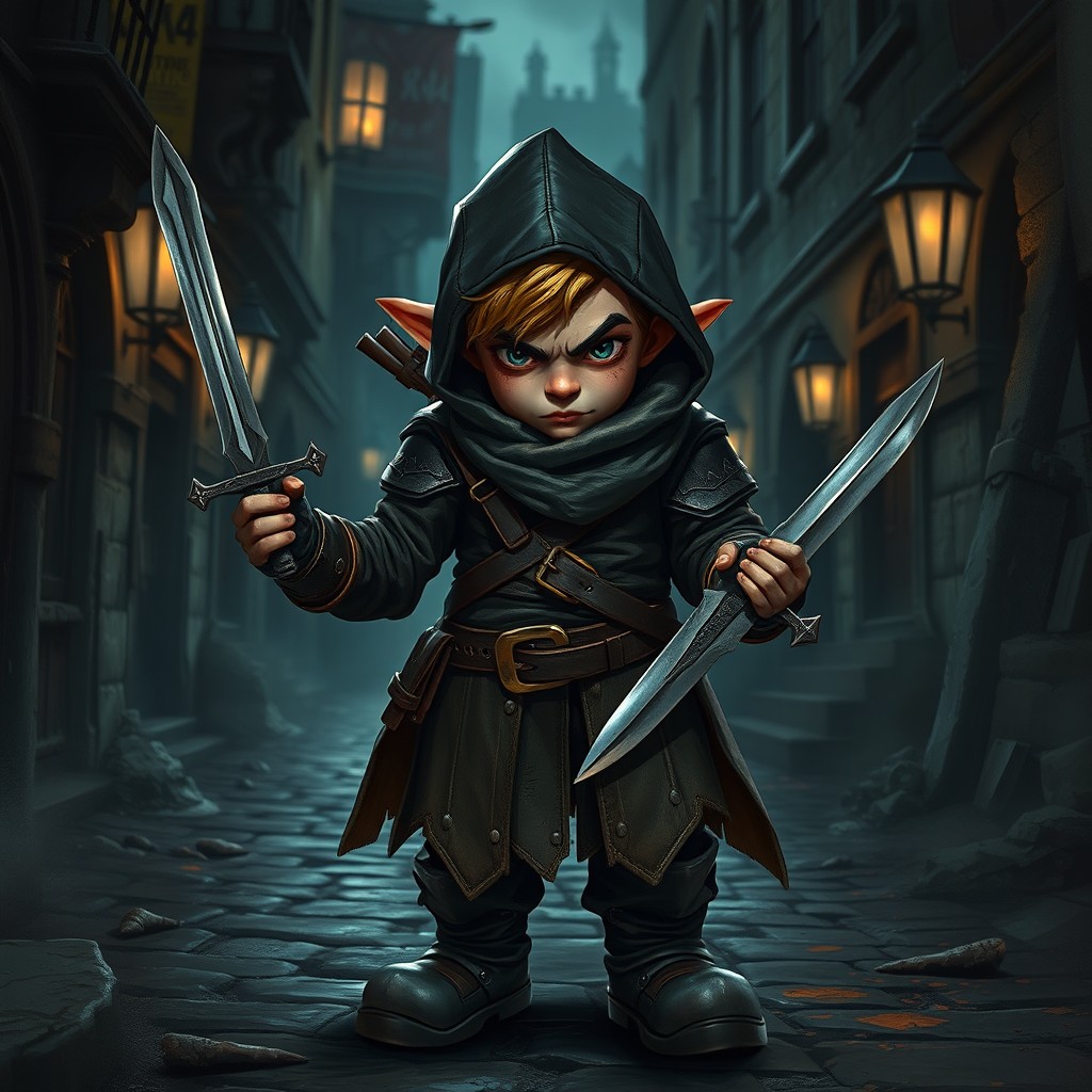 A grimdark halfling thief, with an air of cunning, standing poised in a dark and gritty urban environment