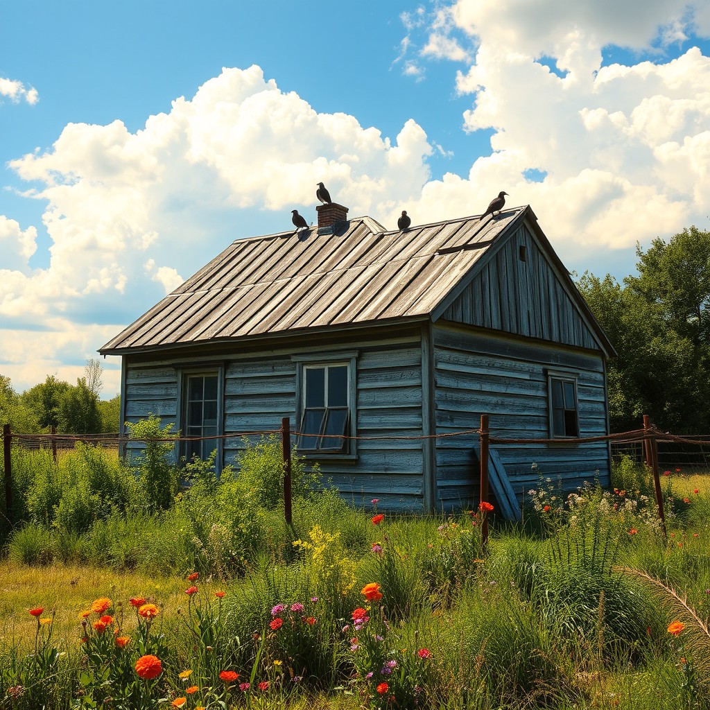 An old house, set in a rural landscape surrounded by overgrown greenery and wildflowers