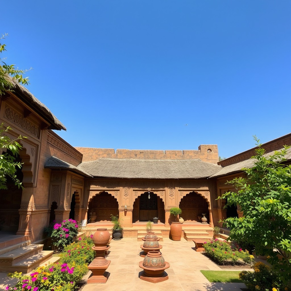 An old Punjabi house, featuring traditional architecture with intricate wooden carvings and high arched doorways