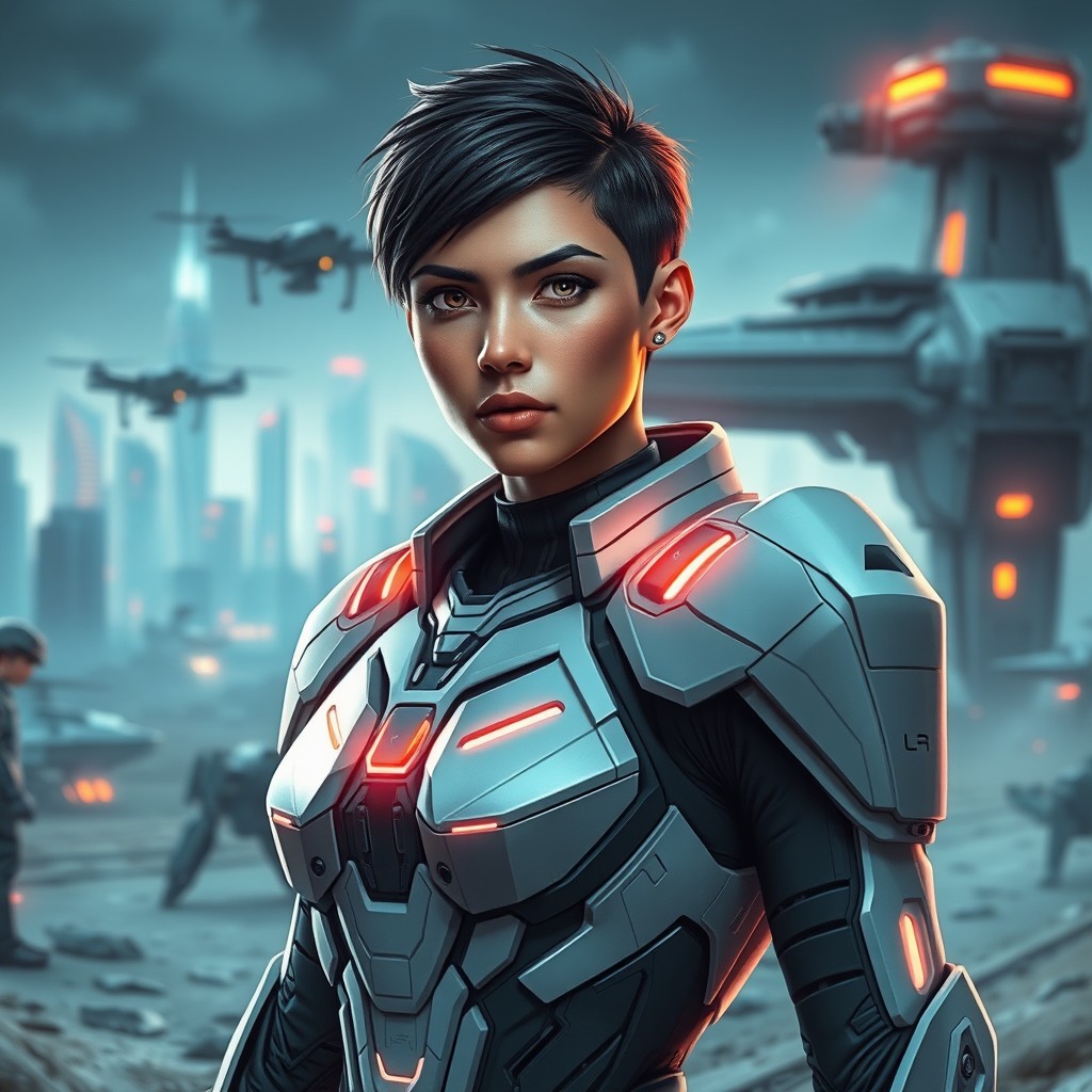 A futuristic female military officer standing confidently on a high-tech battlefield