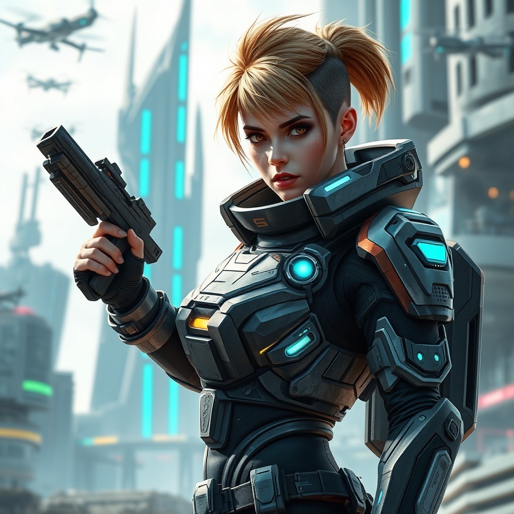 A futuristic female soldier in an action-packed pose, set against a high-tech urban battlefield
