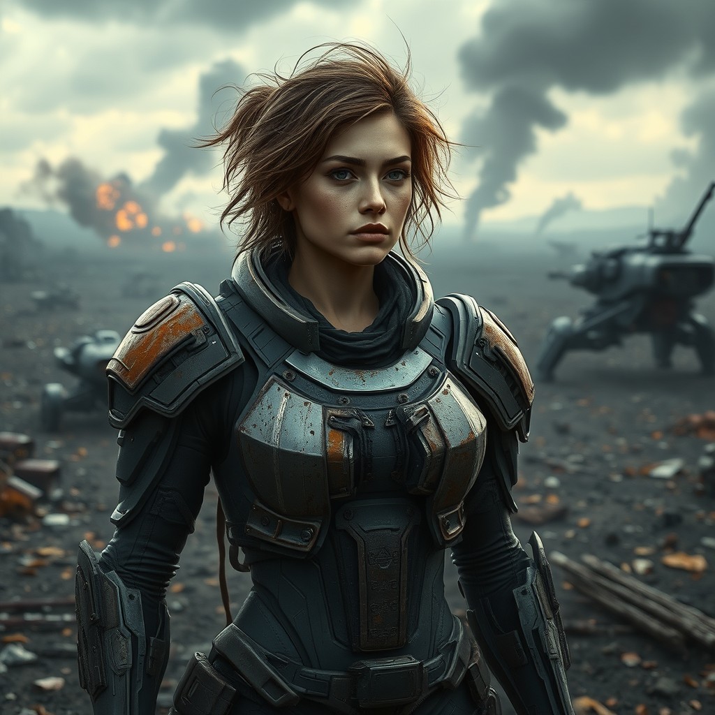 A futuristic female soldier standing resolutely in the aftermath of a battle, showcasing her resilience and determination