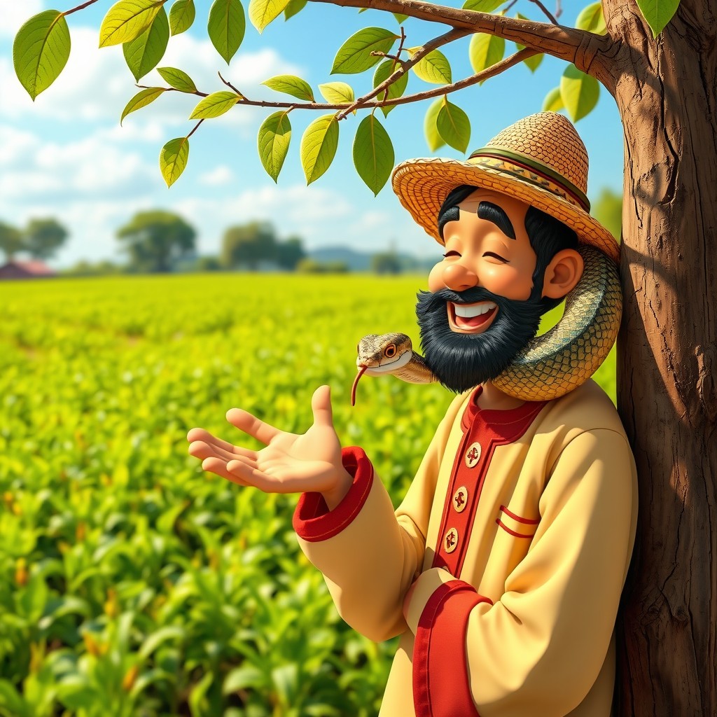 A whimsical scene featuring a farmer in traditional attire, joyfully interacting with a snake