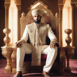 A majestic and kingly portrait of a character named Amir, donned in regal attire, sitting on a royal throne in a luxurious palace