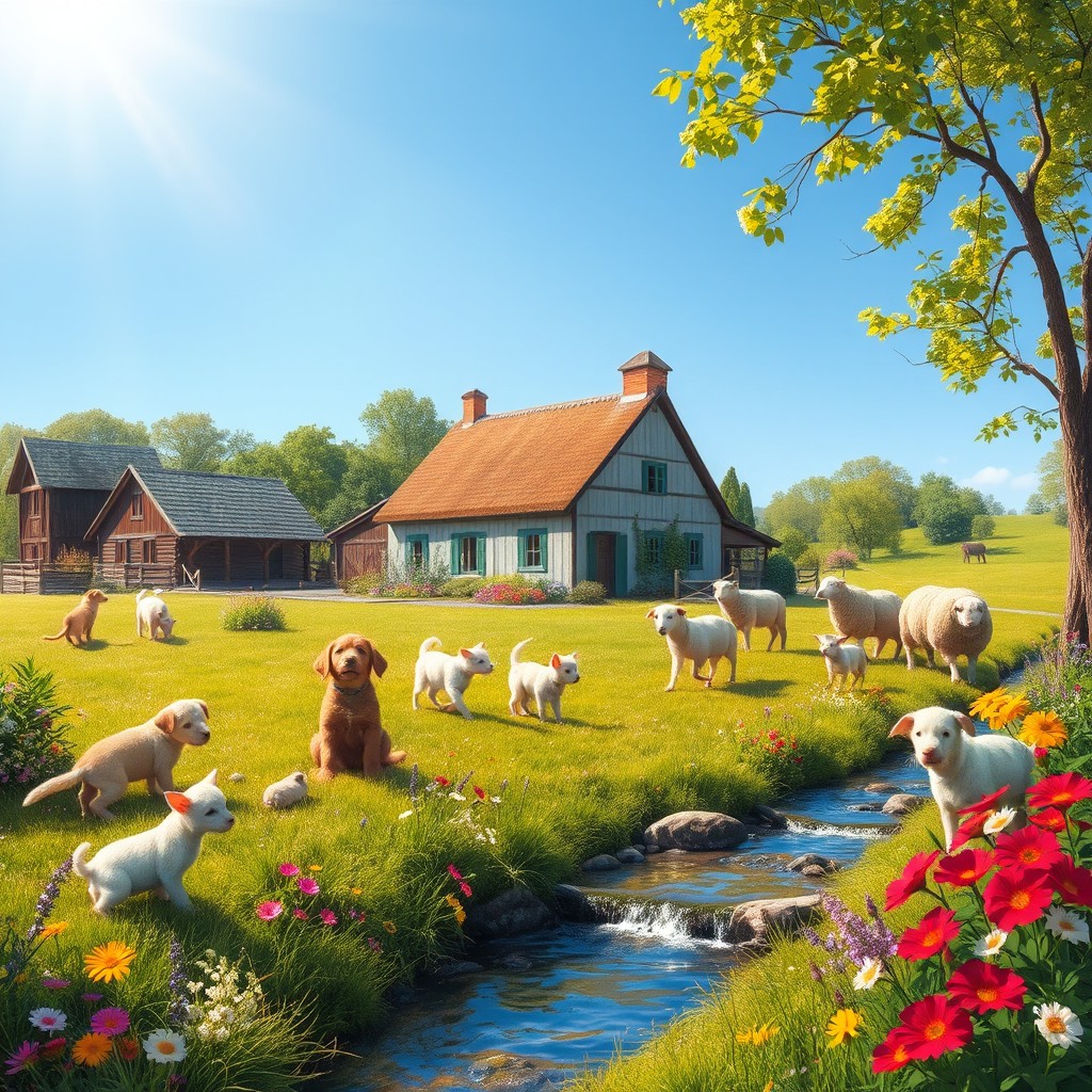A serene landscape featuring a charming farmhouse surrounded by lush greenery, with a variety of adorable domestic animals like playful puppies, fluffy kittens, and gentle sheep roaming freely