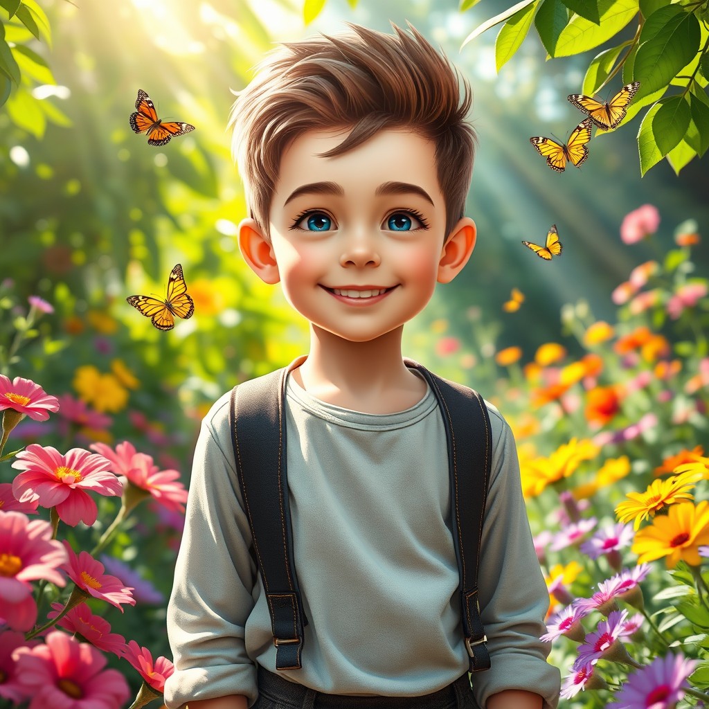 A beautiful boy standing in a vibrant garden surrounded by colorful flowers and lush greenery