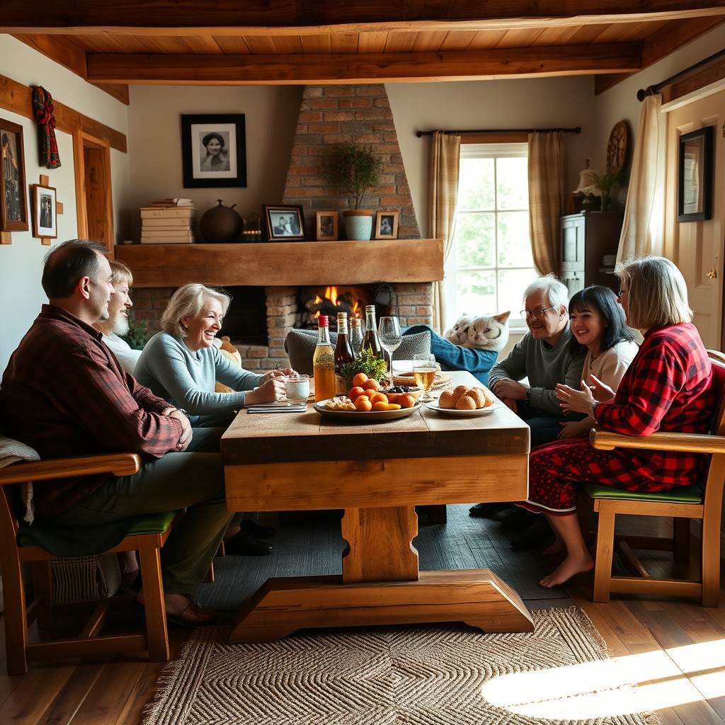 A cozy family gathering in a small countryside home