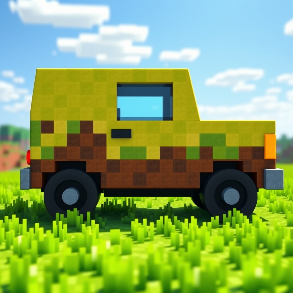 A blocky, pixelated car designed in the style of Minecraft, featuring bright colors and a simplistic, geometric shape