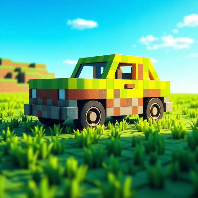 A blocky, pixelated car designed in the style of Minecraft, featuring bright colors and a simplistic, geometric shape
