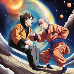 Stephen Hawking and Goku in a friendly martial arts sparring session, set in space against a backdrop of the vast, star-filled cosmos