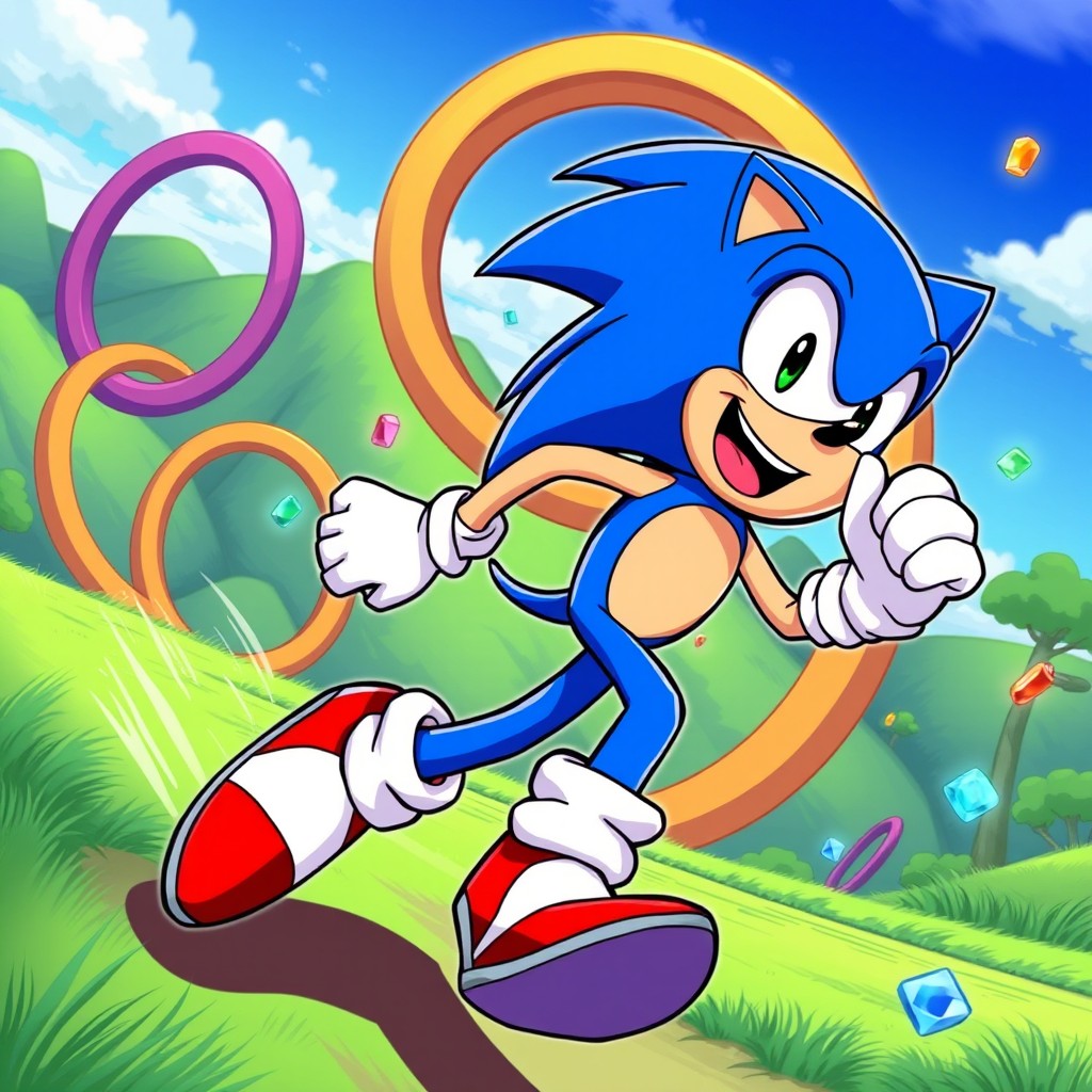 An action-packed illustration of Sonic the Hedgehog, depicted in a dynamic running pose with a joyful expression