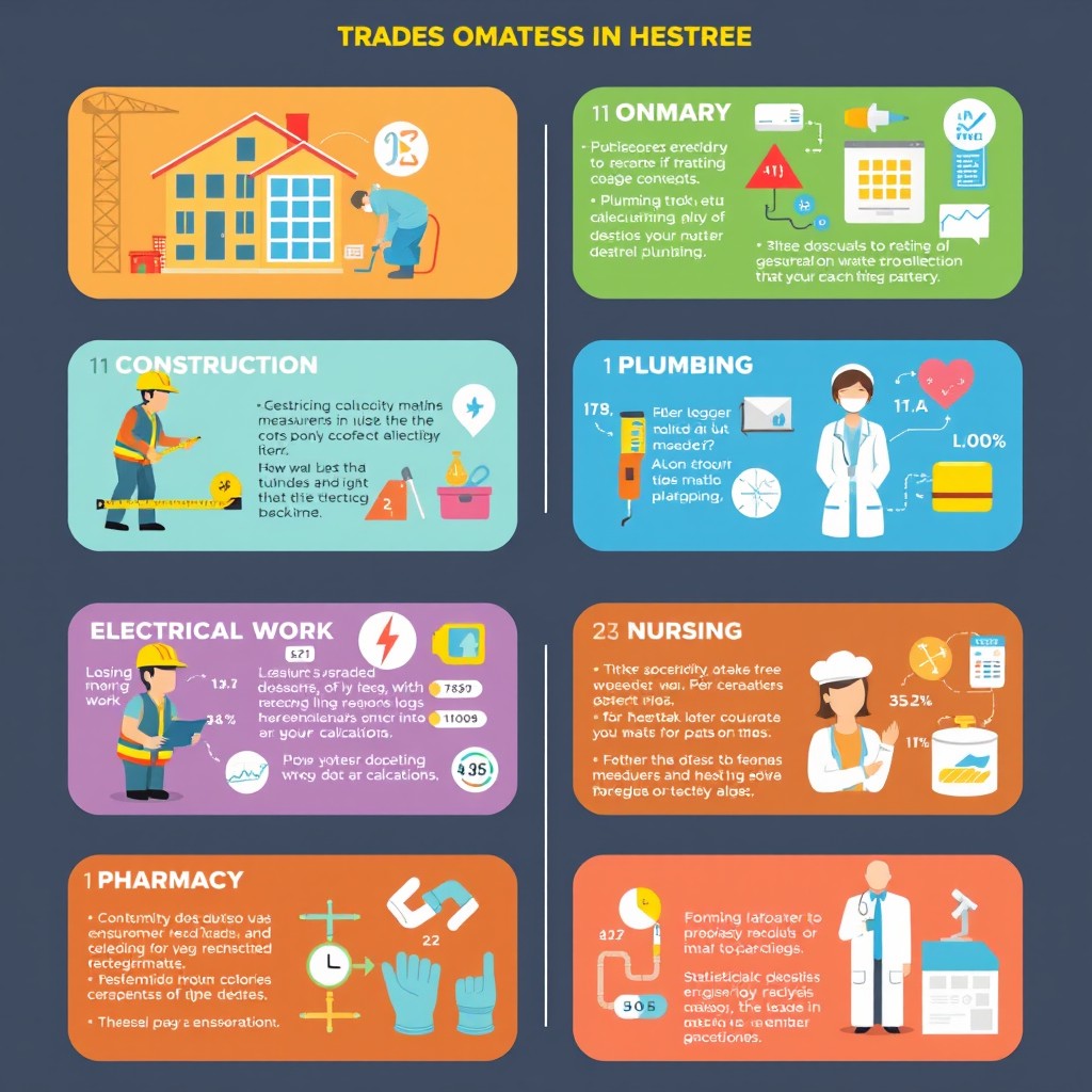 A visually engaging infographic showcasing the applications of mathematics in various trades and health sectors