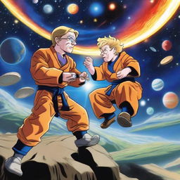 Stephen Hawking and Goku in a friendly martial arts sparring session, set in space against a backdrop of the vast, star-filled cosmos