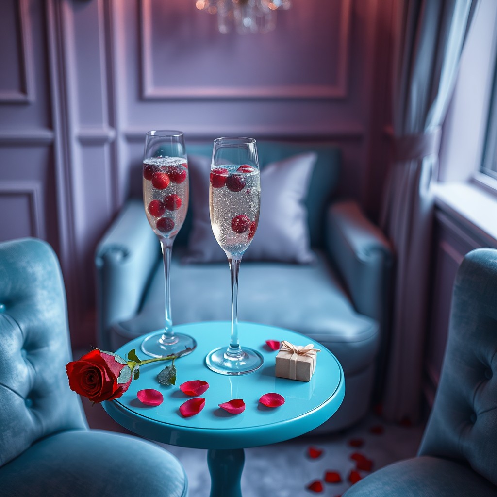 An elegant and romantic interior room decorated in soft blues and purples