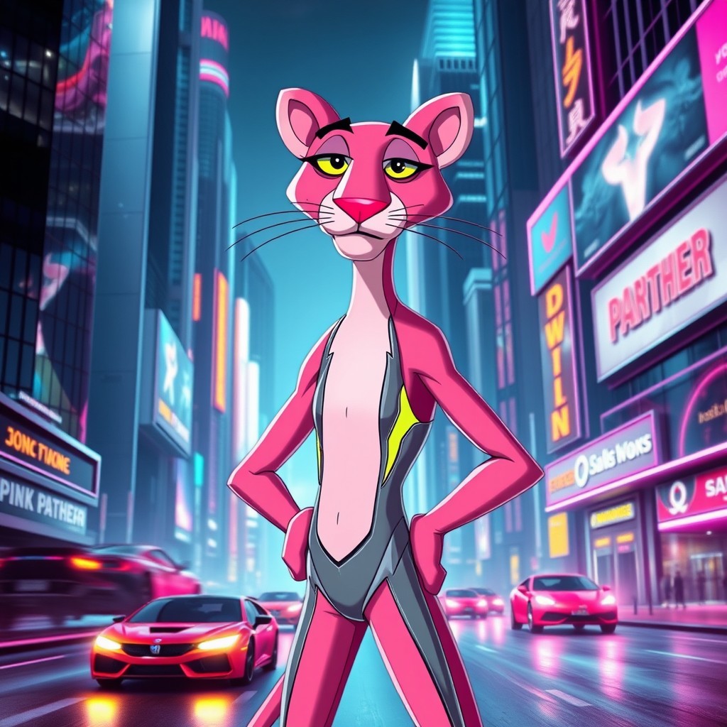 A futuristic depiction of the Pink Panther, standing confidently in a neon-lit cityscape filled with advanced technology and sleek, shiny buildings