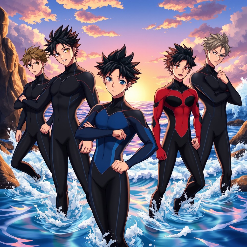 A group of anime men in sleek, stylish wetsuits, showcasing different colors and designs such as black, blue, and red