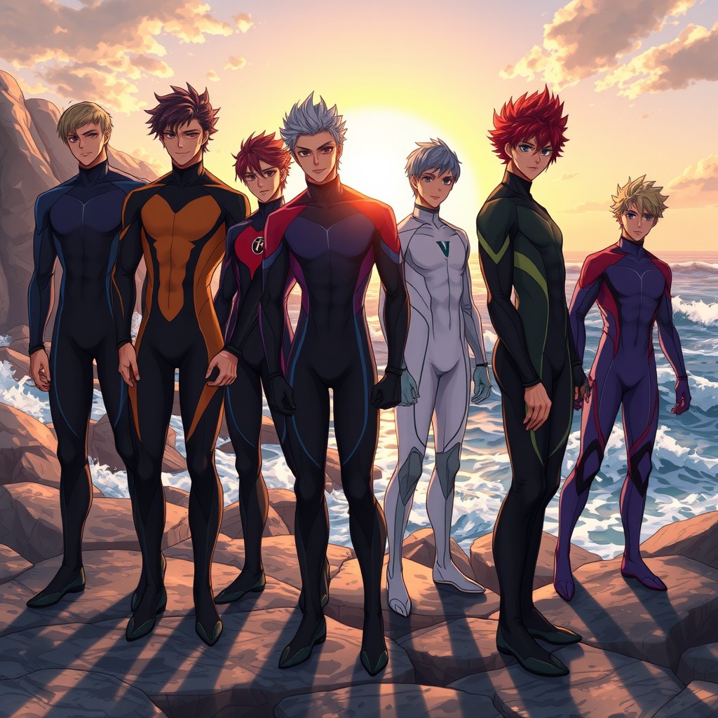 A group of anime men wearing sleek, form-fitting wetsuits that accentuate their athletic physiques