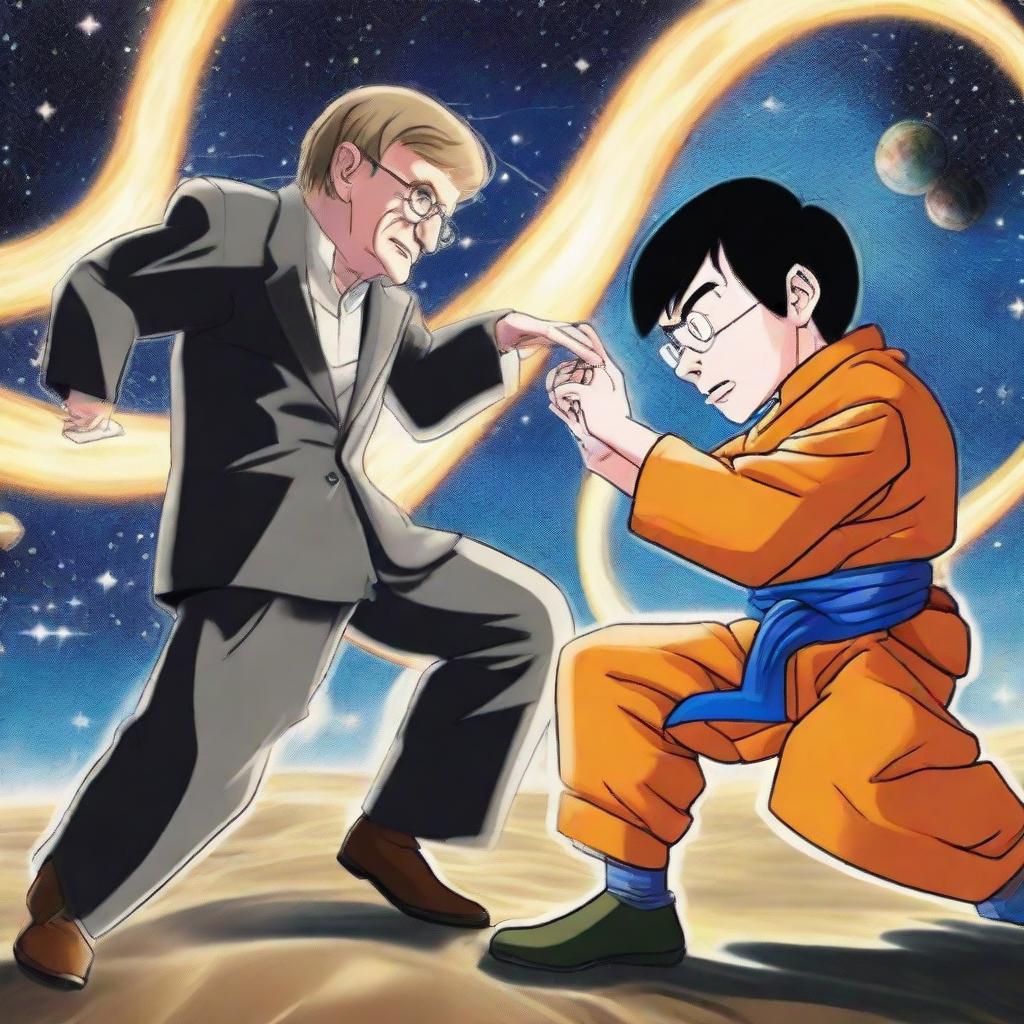 Stephen Hawking and Goku in a friendly martial arts sparring session, set in space against a backdrop of the vast, star-filled cosmos