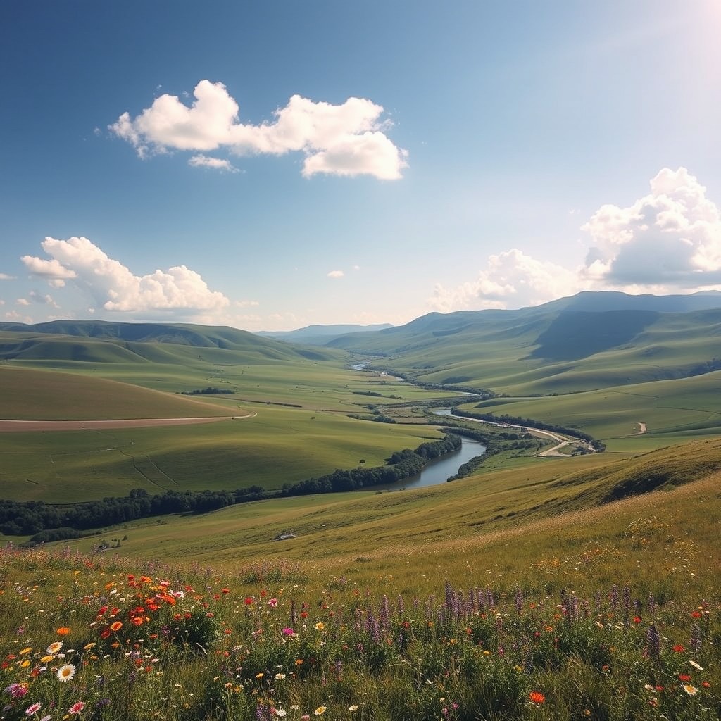 A stunning natural landscape featuring vast fields, rolling hills, and lush greenery under a bright blue sky