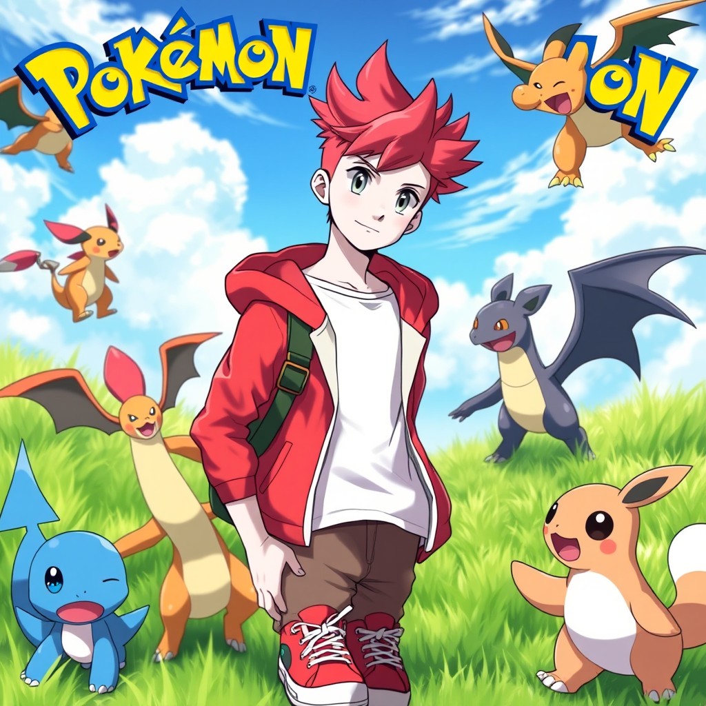 A young Pokémon trainer, 17 years old, with white skin and messy, spiky red hair