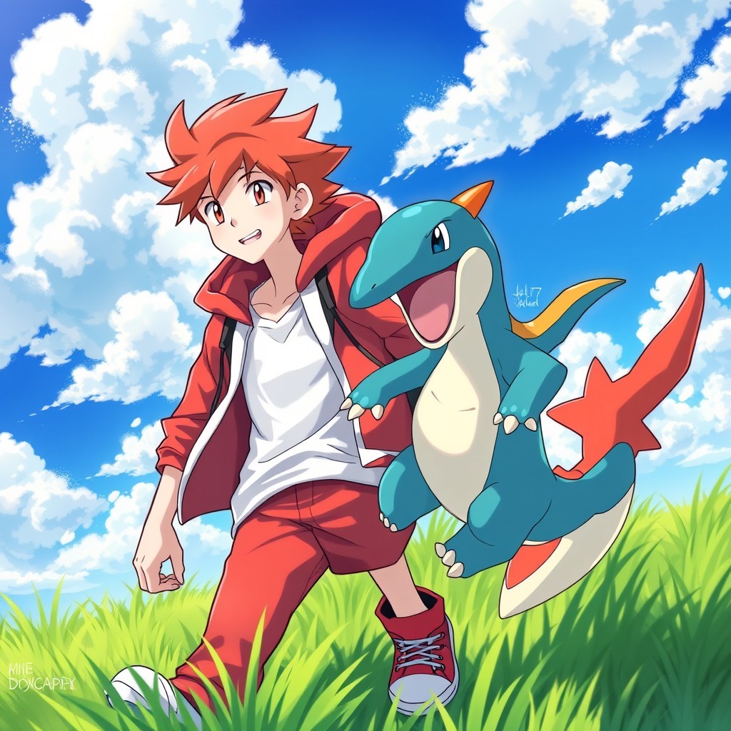 A young Pokémon trainer, 17 years old, with white skin and messy, spiky red hair