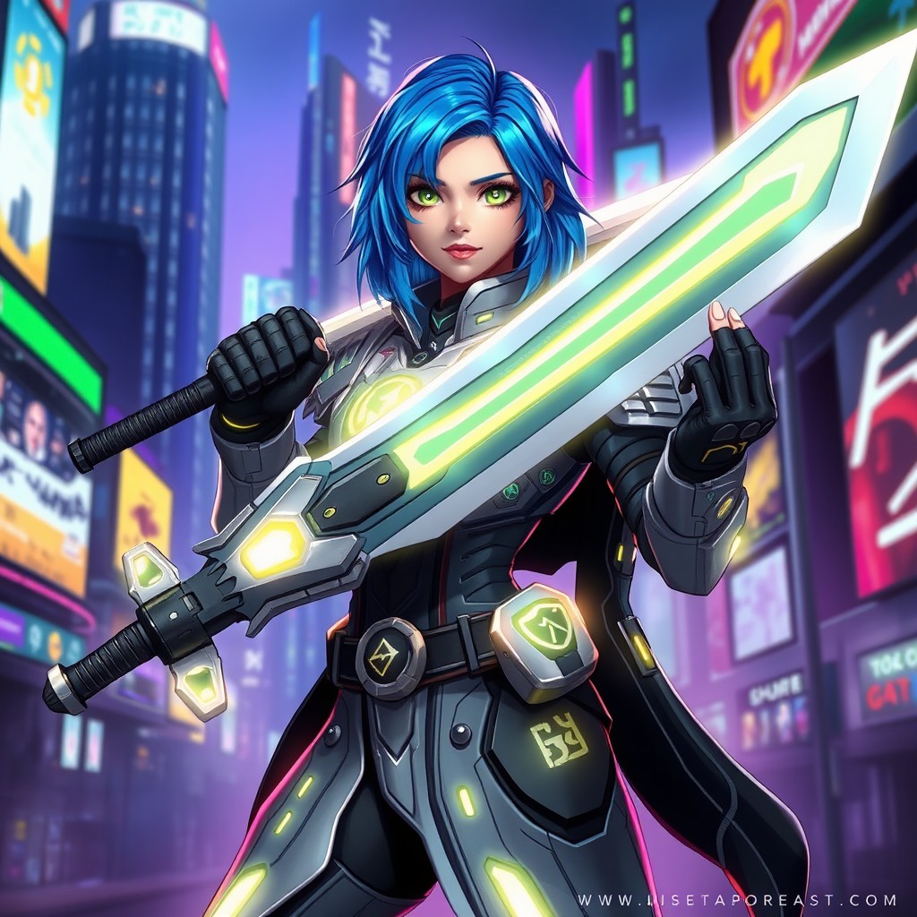 A unique, imaginative character design featuring a futuristic warrior