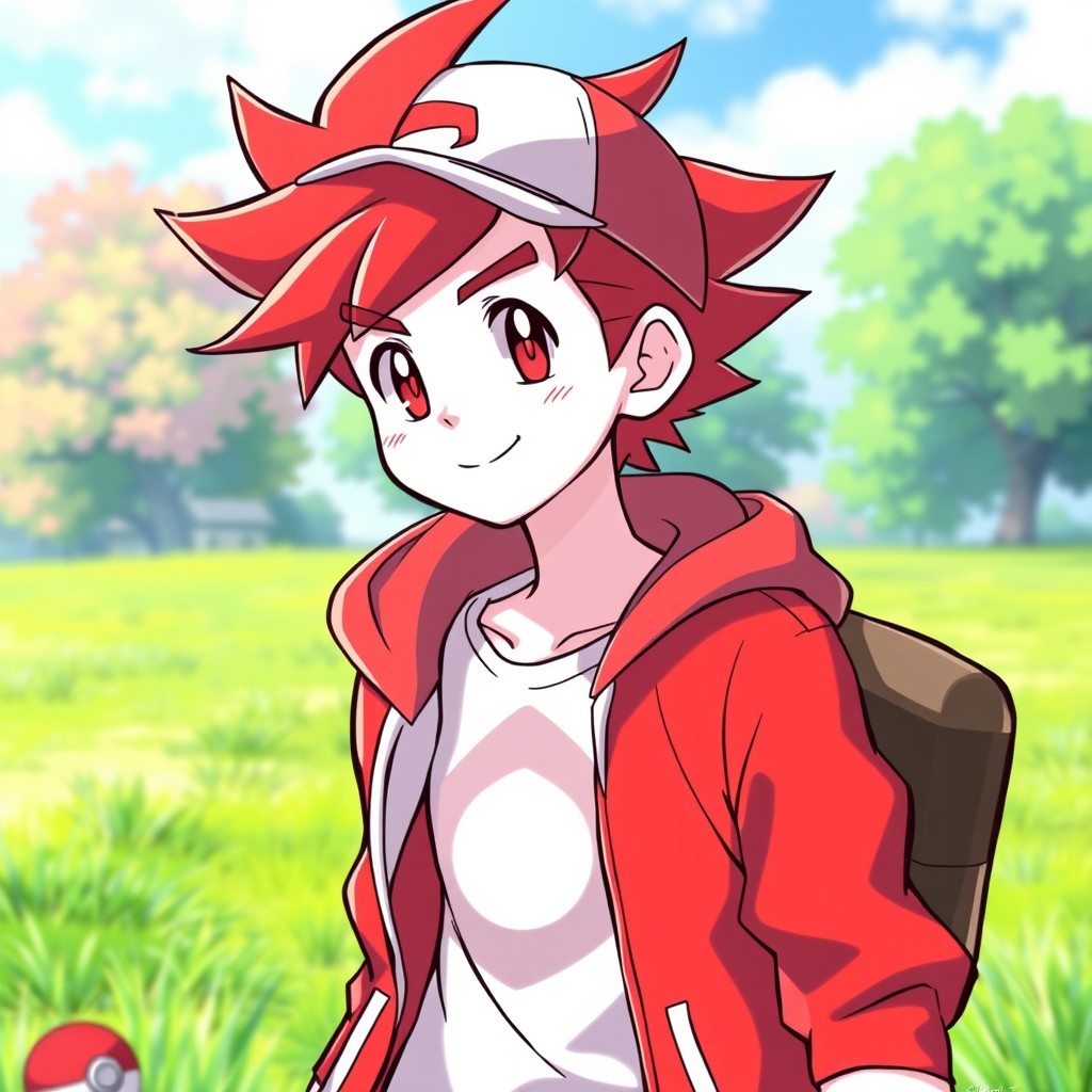 A young Pokémon trainer, 17 years old, with white skin and messy, spiky red hair, wearing an open red hoodie over a white t-shirt and red sneakers