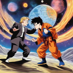 Stephen Hawking and Goku in a friendly martial arts sparring session, set in space against a backdrop of the vast, star-filled cosmos