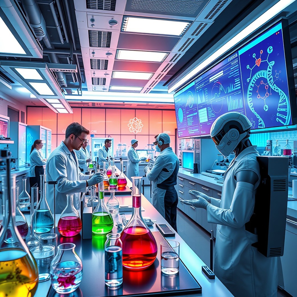 A futuristic laboratory filled with advanced technology and scientists in lab coats, working with holographic displays and engaging in complex experiments