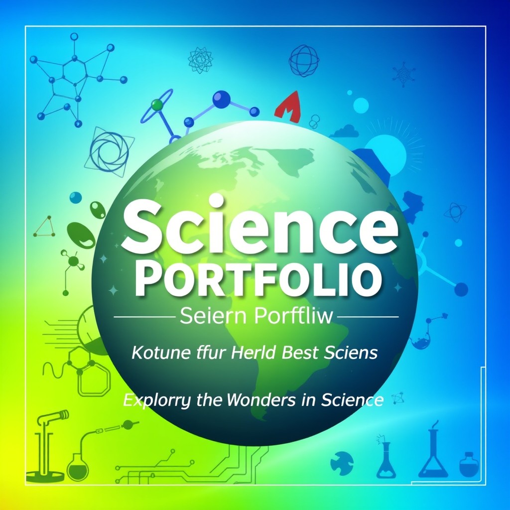 A visually striking front cover for a science portfolio, featuring a dynamic blend of high-quality images representing different scientific fields such as biology, chemistry, physics, and environmental science