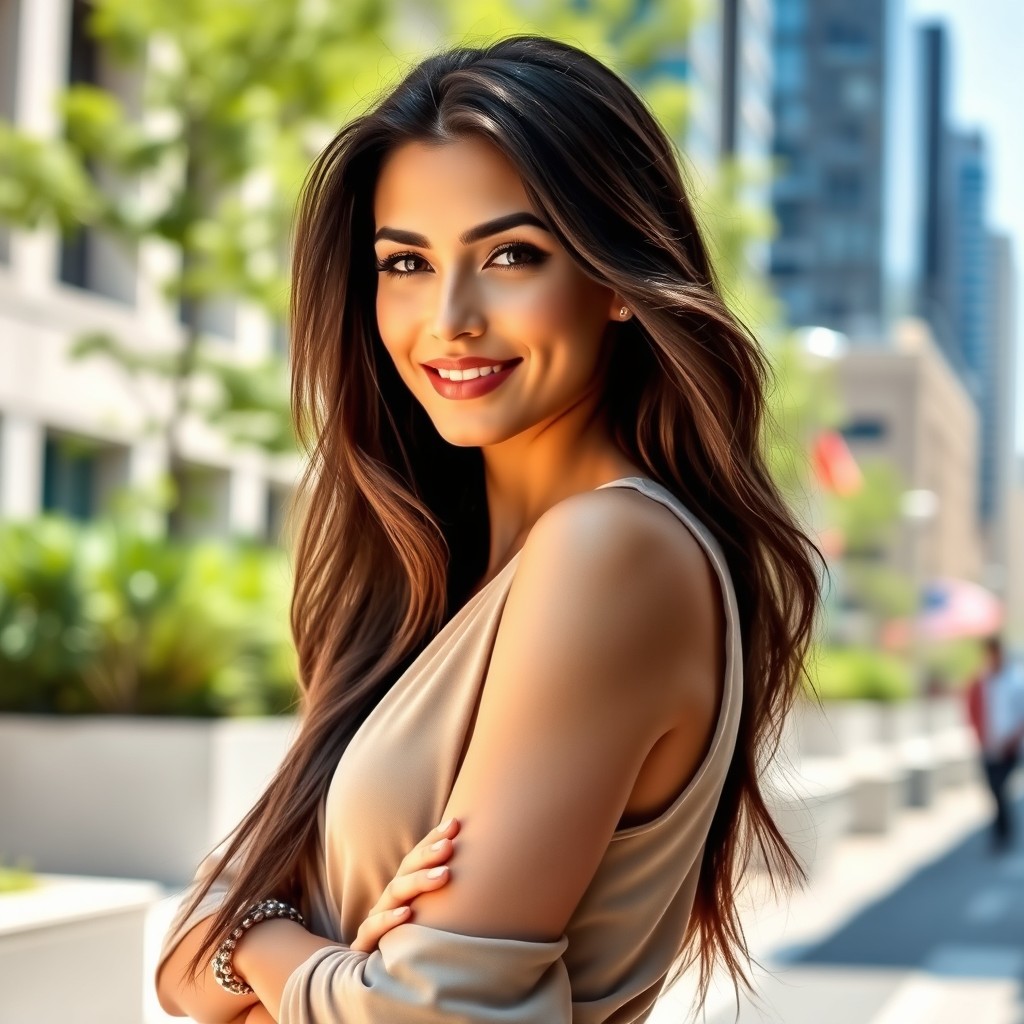 A beautiful brunette woman, exuding elegance and confidence, wearing a stylish outfit that highlights her features, standing in a sunlit urban environment