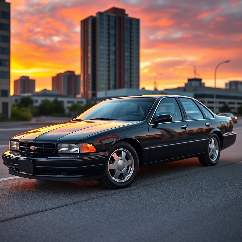 A 1996 Chevrolet Impala SS parked on a city street at sunset, showcasing its sleek and iconic design