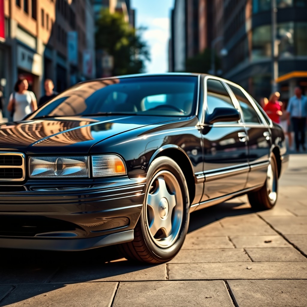 A stunning 1996 Chevrolet Impala SS parked in an urban environment, showcasing its iconic design with a sleek black exterior and subtle chrome accents