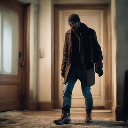 A mysterious man in brown steel-toed boots, black jacket, jeans entering a house. His bespectacled face hidden behind a mask and hands hiding in gloves