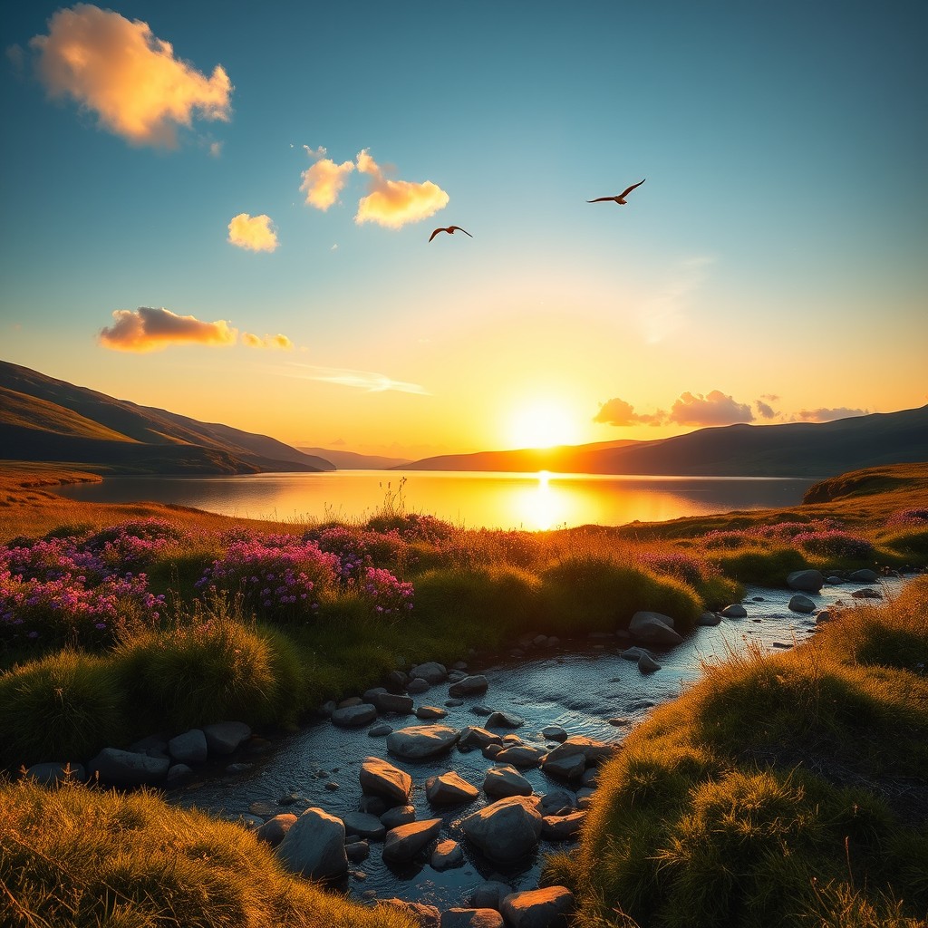 A serene landscape during sunrise, featuring a tranquil lake reflecting the vibrant colors of the sky, surrounded by lush green hills and wildflowers in various shades
