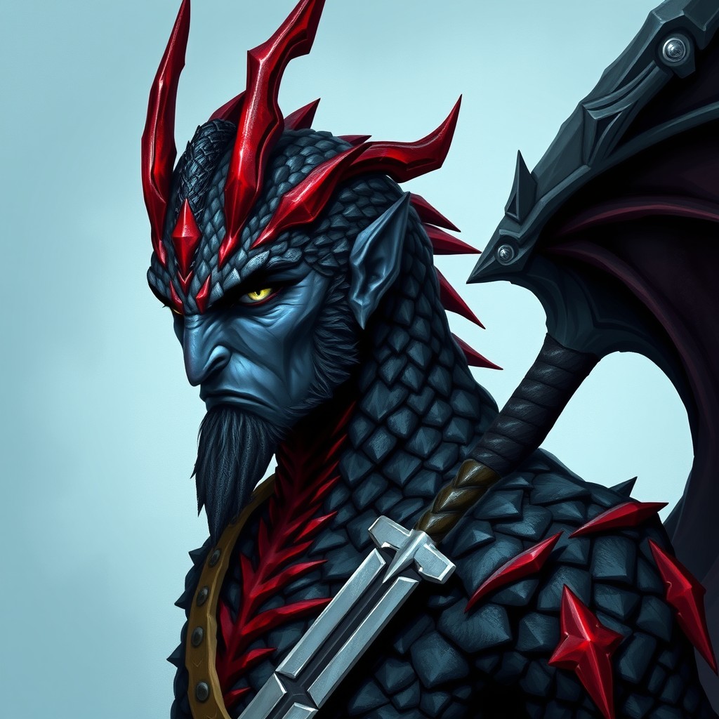 A portrait of a Dragonborn barbarian with striking black scales tipped with red, giving him a fierce and icy appearance