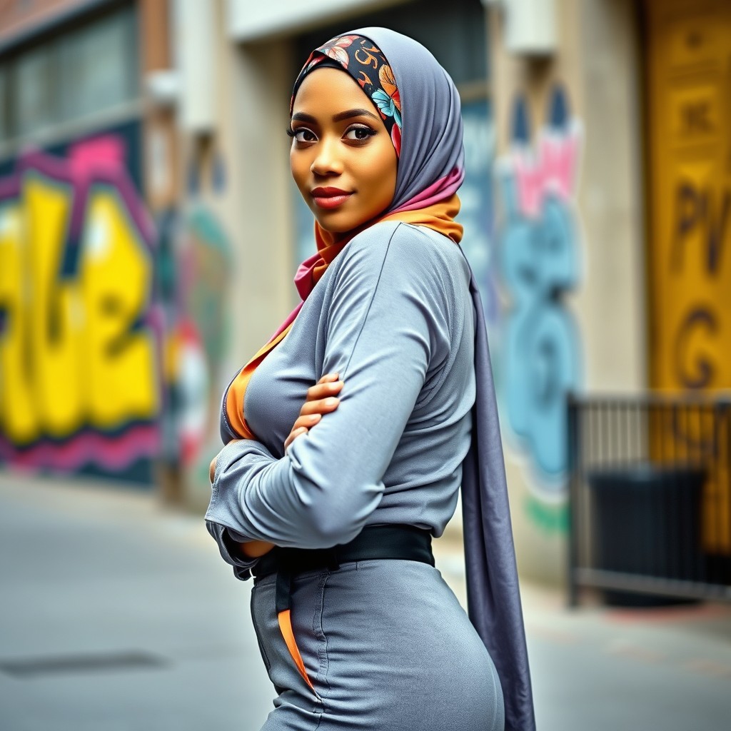 A confident woman wearing a vibrant and stylish hijab, standing in a proud pose that accentuates her curves