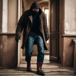 A mysterious man in brown steel-toed boots, black jacket, jeans entering a house. His bespectacled face hidden behind a mask and hands hiding in gloves