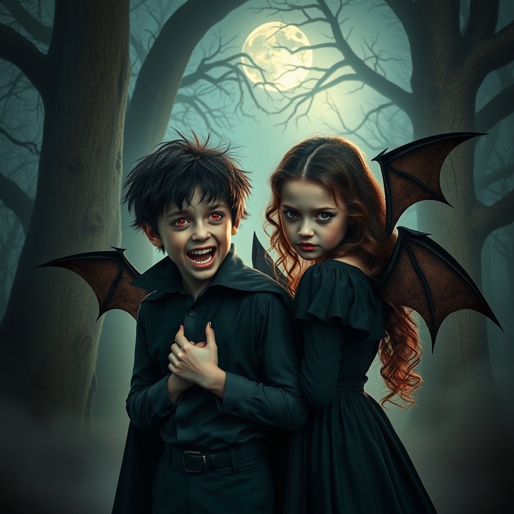 A dramatic scene depicting a 12-year-old boy and a 13-year-old girl transforming into vampires