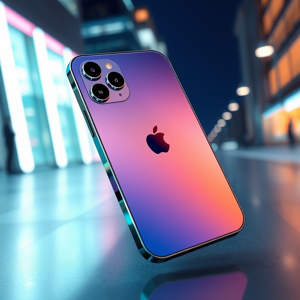 A futuristic iPhone 18, featuring a sleek and ultra-thin design with a holographic display, seamlessly integrated AI technology, and advanced camera capabilities