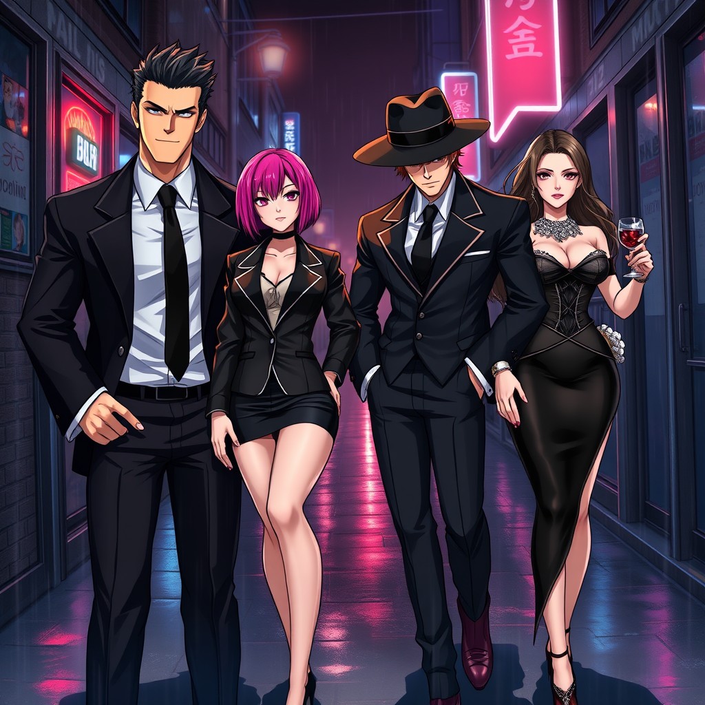 Four stylish anime characters representing a mafia group, each character showcasing unique features: a tall, muscular man with a slicked-back hairstyle and a sharp black suit, a sneaky-looking woman with short hair dyed in a vibrant color and wearing a sleek leather jacket, a mysterious figure in a fedora casting a shadow over his face, and a confident woman holding a glass in a glamorous outfit adorned with elegant jewelry