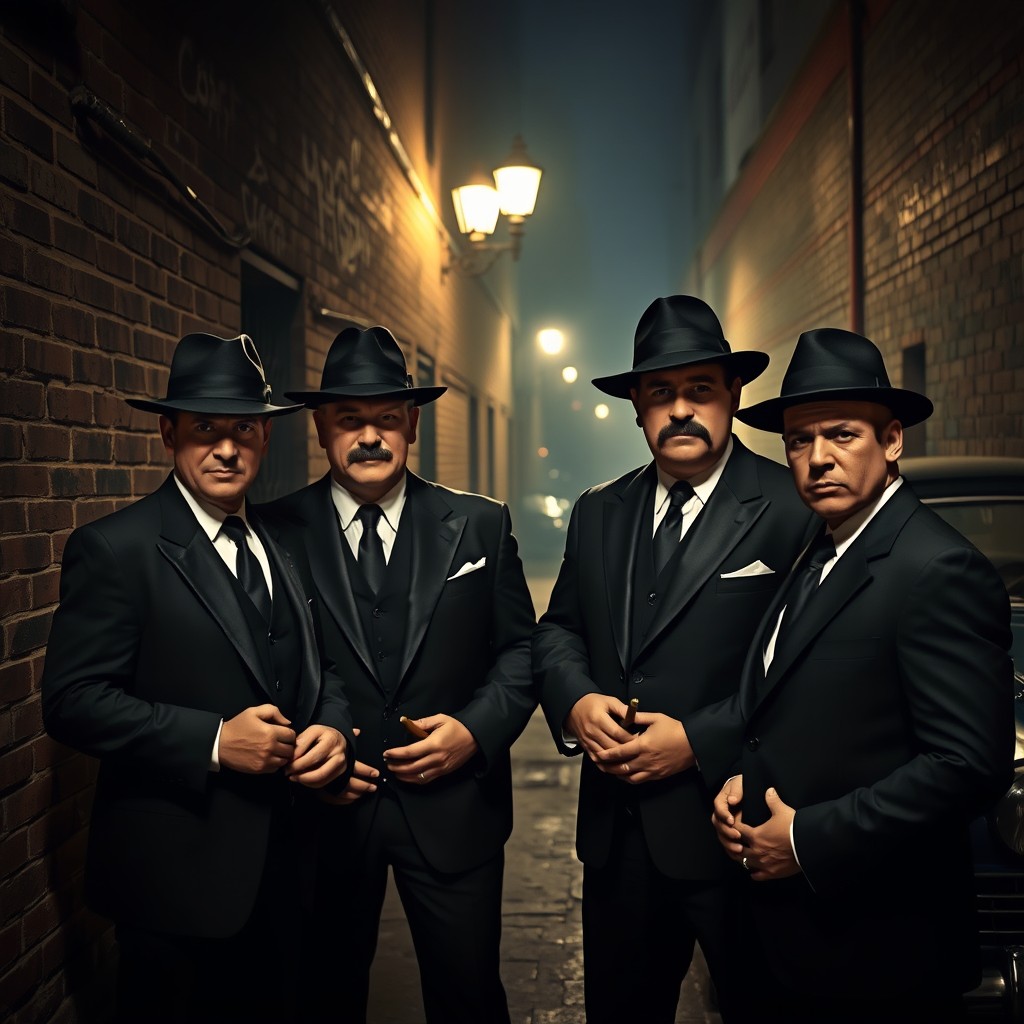 Four mafia men standing together in a dimly lit alley, dressed in tailored black suits and fedoras, exuding an aura of power and intimidation